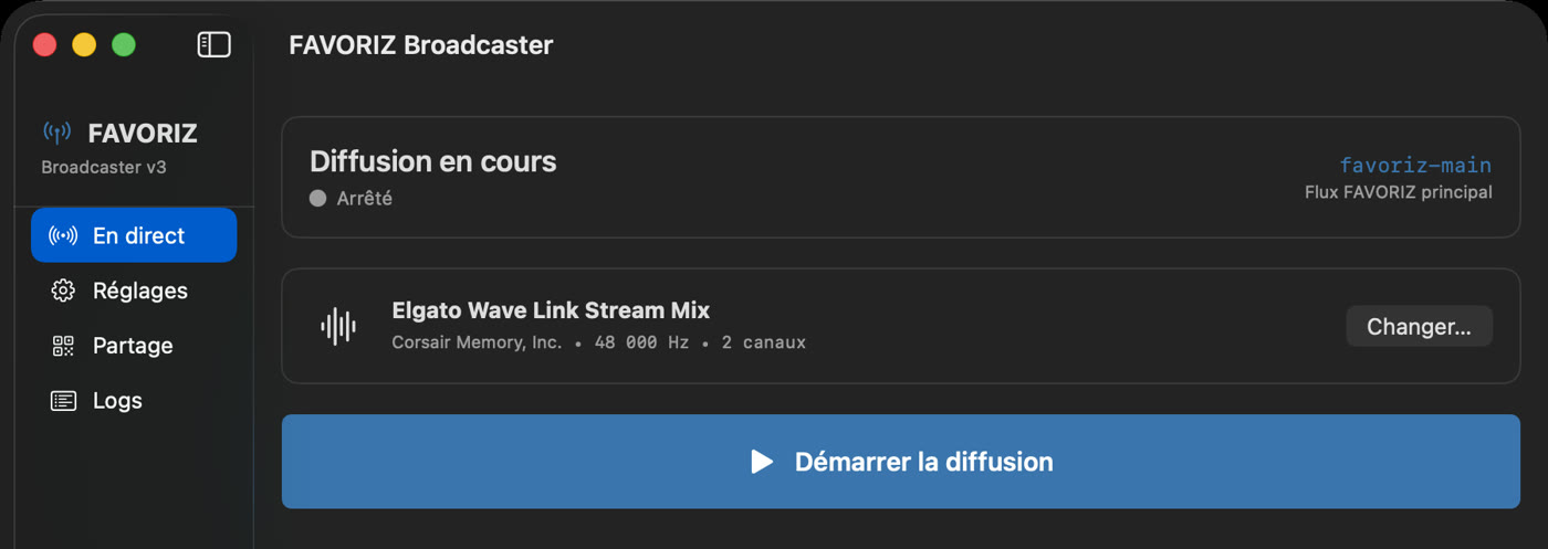 FAudioBroadcaster : source audio choisie et bouton Démarrer la diffusion