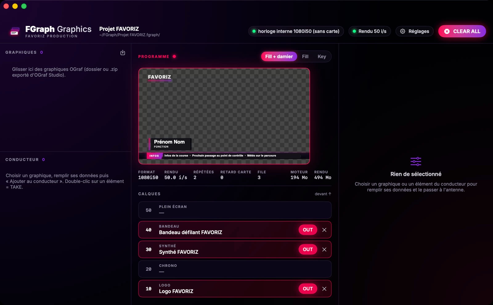FGraph : programme avec logo, synthé et bandeau défilant à l'antenne, liste des calques