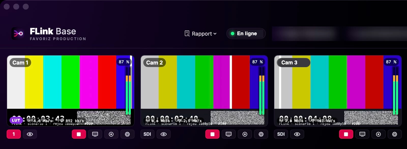 FLink Base : mur de trois caméras reçues en direct avec débit, vu-mètres et boutons de sortie SDI