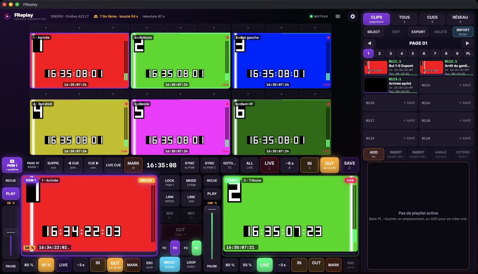 FReplay : six caméras en direct, deux sorties PGM dont une en ralenti à 50 %, banque de clips