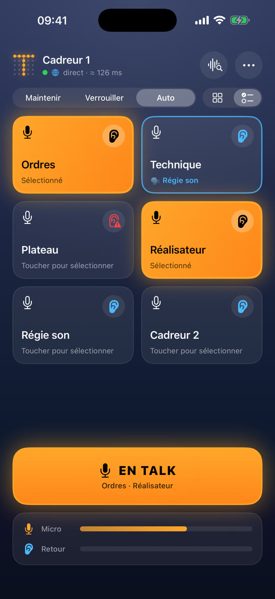 App iPhone FCom : sélection de canaux et bouton en talk