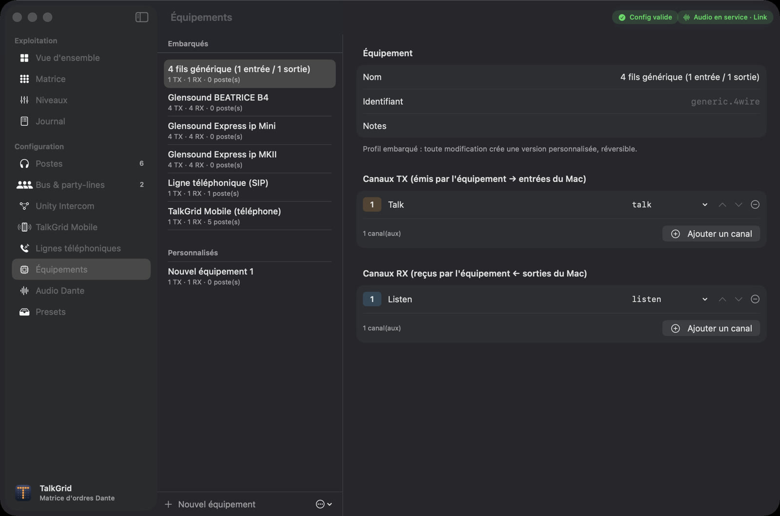 FCom sur Mac : liste des équipements (Glensound, ligne SIP, téléphones) et canaux d'entrée et de sortie